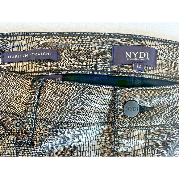 NYDJ Marilyn Straight Jeans Glamorous muted metallic Snake Print Coated Denim 12 - Picture 6 of 11